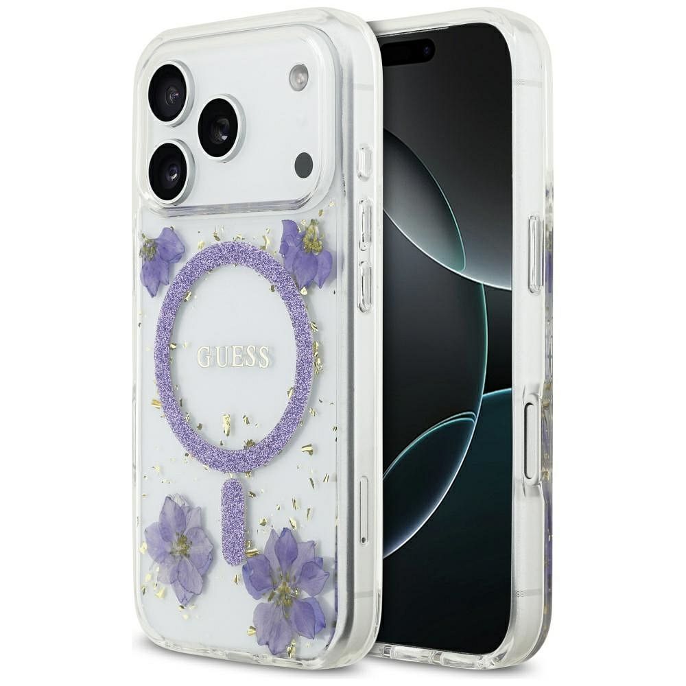 1c836bb904a6bf454bb62f0ccac66984 GUESS case for IPHONE 17 Pro compatible with MagSafe GUHMP17LRBFGFGMU (Resin Flowers and Glitter) purple