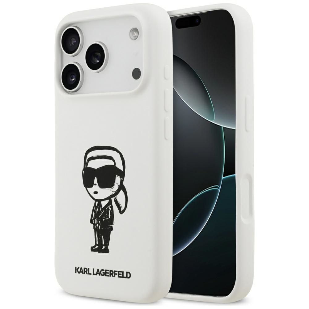 1d4e0ee1b0763e3a011e292c176928f4 KARL LAGERFELD case for IPHONE 17 Pro compatible with MagSafe KLHMP17LSKIGROH (Silicone W/ KL Sketch & Logo) white