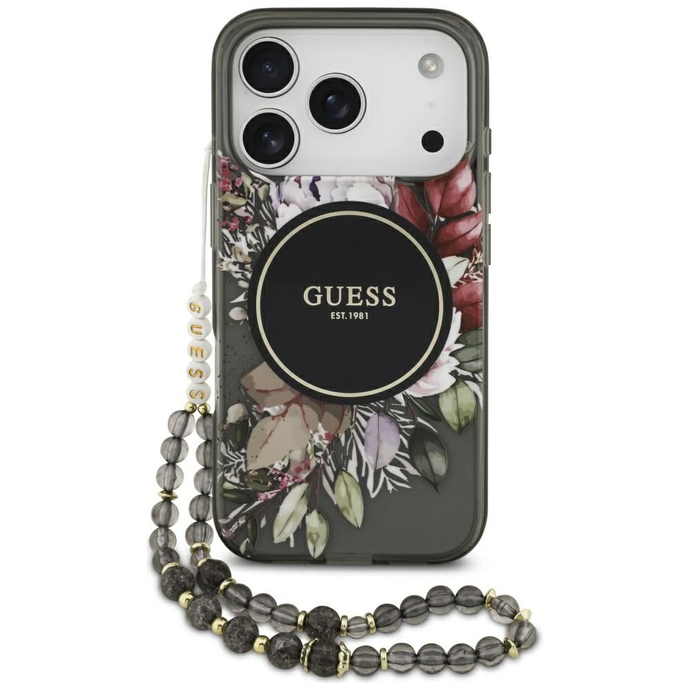 1e982c4b65876248785435efefd8f0c3 GUESS case for IPHONE 17 Pro compatible with MagSafe GUHMP17LHFWBRCESK (IML Flowers with Pearl Strap) black