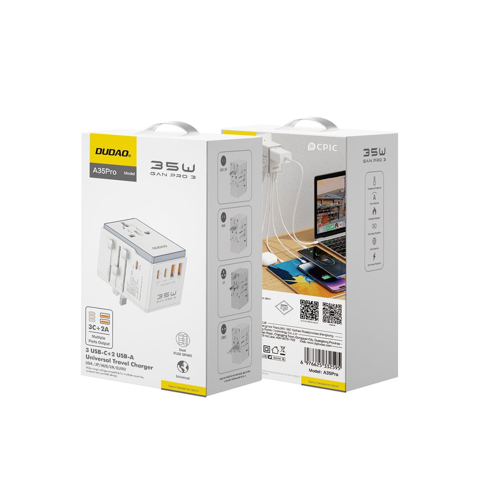 Dudao A35Pro 35W EU / UK / AUS / US / JP travel adapter 3x USB-C 2x USB-A - whiteeng