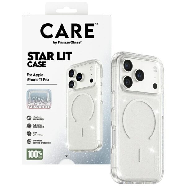 CARE by PanzerGlass Flagship Urban Explorer Case w. White MagSafe for iPhone 17 Pro - Clear Glittereng