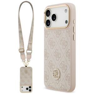 Guess 4G Strass Logo & Big Strap Metal Buttons MagSafe Case for iPhone 17 Pro Max - Pinkeng