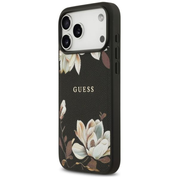 Guess Grained Flowers Classic Logo MagSafe case for iPhone 17 Pro Max - blackeng
