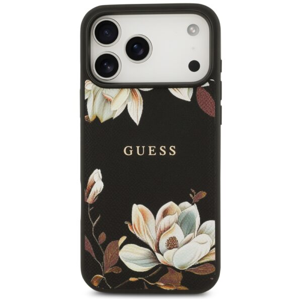 Guess Grained Flowers Classic Logo MagSafe case for iPhone 17 Pro Max - blackeng