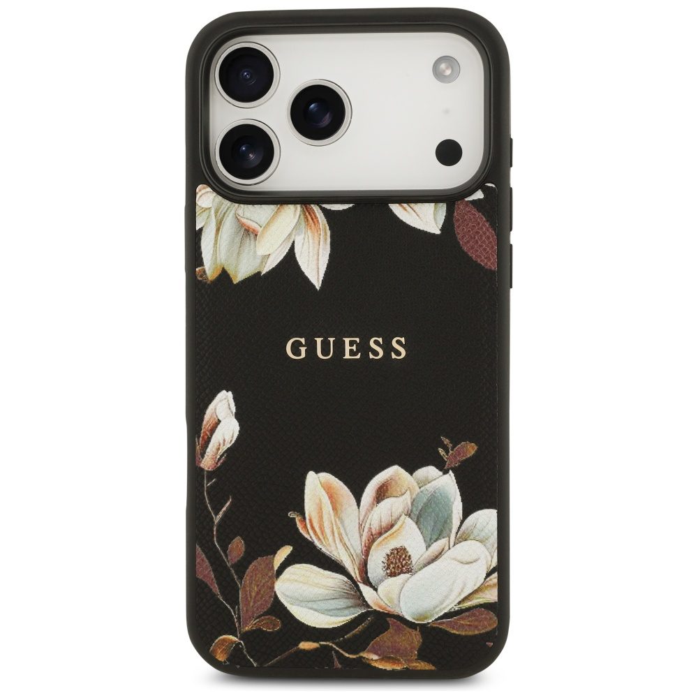 Guess Grained Flowers Classic Logo MagSafe case for iPhone 17 Pro Max - blackeng