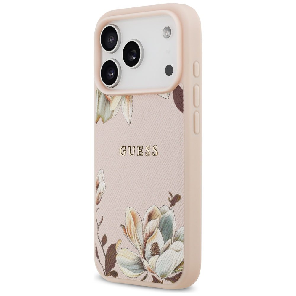 Guess Grained Flowers Classic Logo MagSafe Case for iPhone 17 Pro - Pinkeng