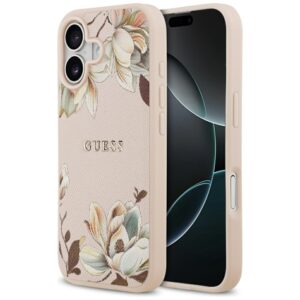 Guess Grained Flowers Classic Logo MagSafe iPhone 17 Case - Pinkeng