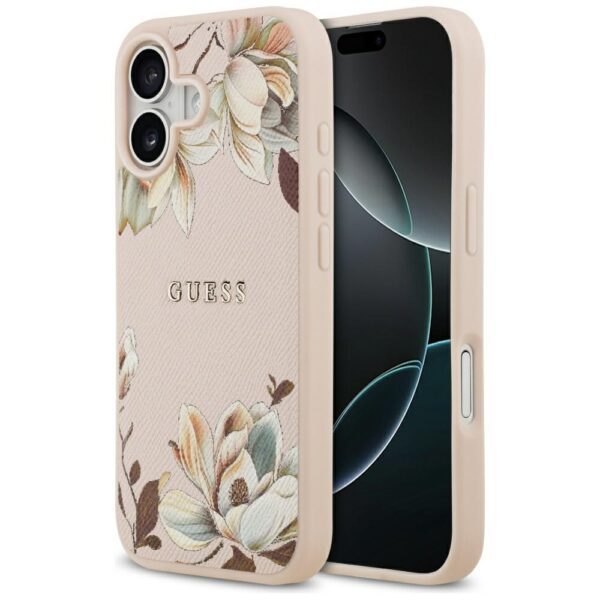 Guess Grained Flowers Classic Logo MagSafe iPhone 17 Case - Pinkeng