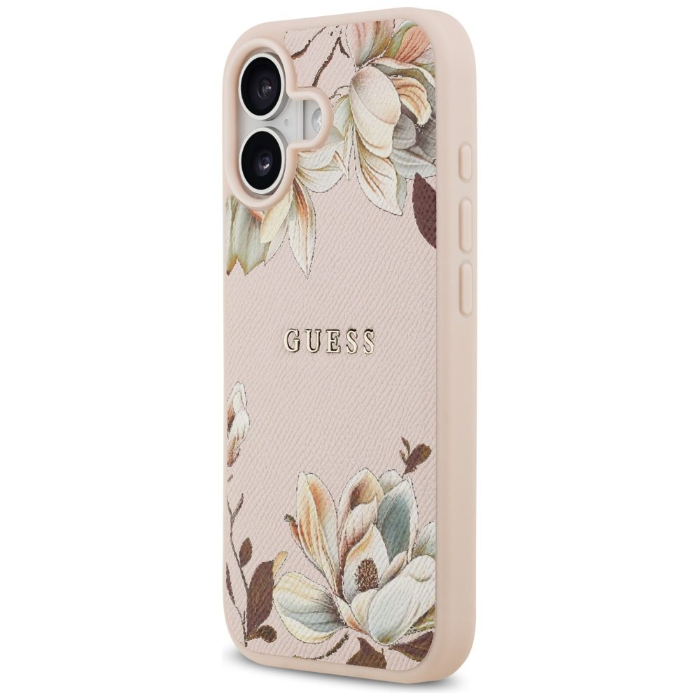 Guess Grained Flowers Classic Logo MagSafe iPhone 17 Case - Pinkeng