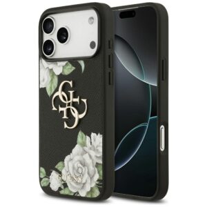 Guess Grained Roses & Big 4G Logo case for iPhone 17 Pro Max - blackeng