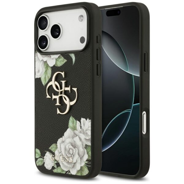 Guess Grained Roses & Big 4G Logo case for iPhone 17 Pro Max - blackeng