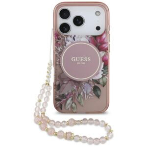 Guess IML Flowers Pearl Strap MagSafe Case for iPhone 17 Pro - Pinkeng