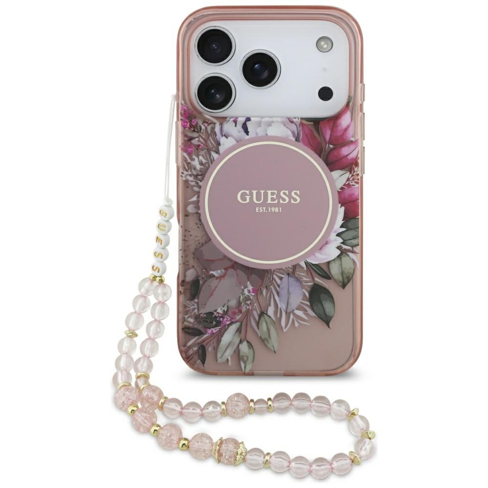 Guess IML Flowers Pearl Strap MagSafe Case for iPhone 17 Pro - Pinkeng