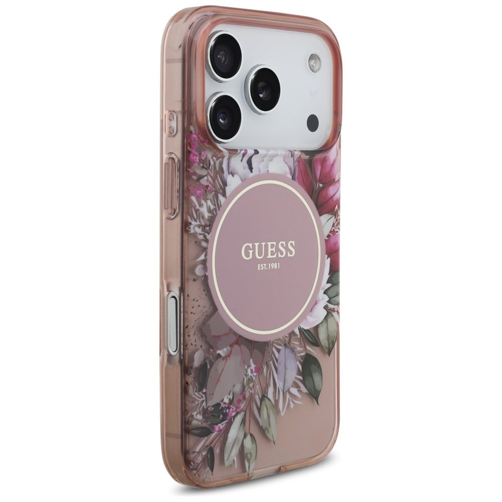 Guess IML Flowers Pearl Strap MagSafe Case for iPhone 17 Pro - Pinkeng