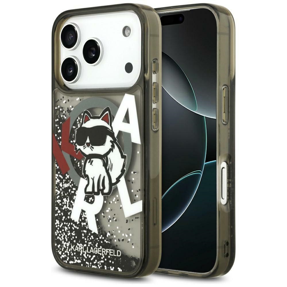 200925_1 Karl Lagerfeld Liquid Glitter Choupette Logo MagSafe Case for iPhone 17 Pro Max - Blackeng