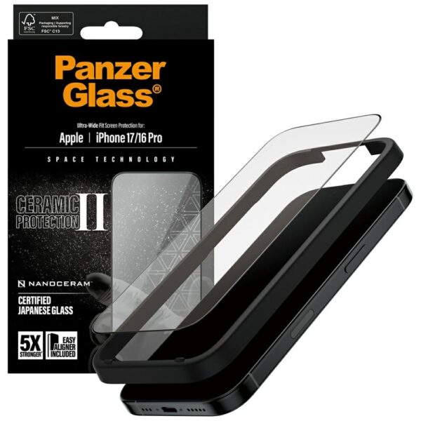 PanzerGlass Ceramic II Ultra-Wide Fit EasyAligner Tempered Glass for iPhone 16 / 16 Plus / 17eng
