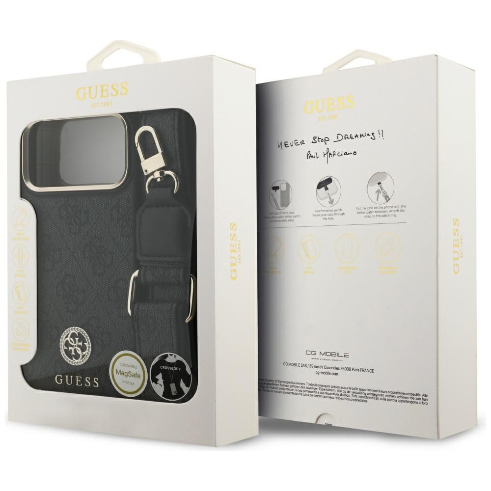 Guess 4G Srtass Logo & Big Strap Metal Buttons MagSafe Case for iPhone 17 Pro Max - Blackeng