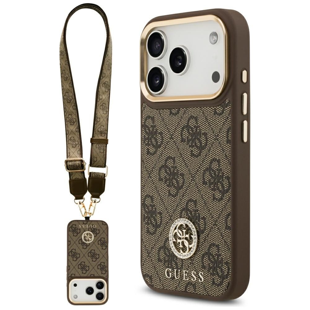 Guess 4G Strass Logo & Big Strap Metal Buttons MagSafe Case for iPhone 17 Pro - Browneng