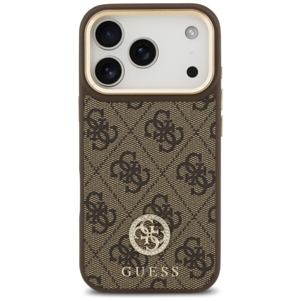 Guess 4G Strass Logo & Big Strap Metal Buttons MagSafe Case for iPhone 17 Pro - Browneng