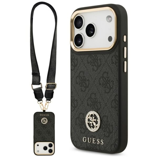 Guess 4G Strass Logo & Big Strap Metal Buttons MagSafe Case for iPhone 17 Pro - Blackeng