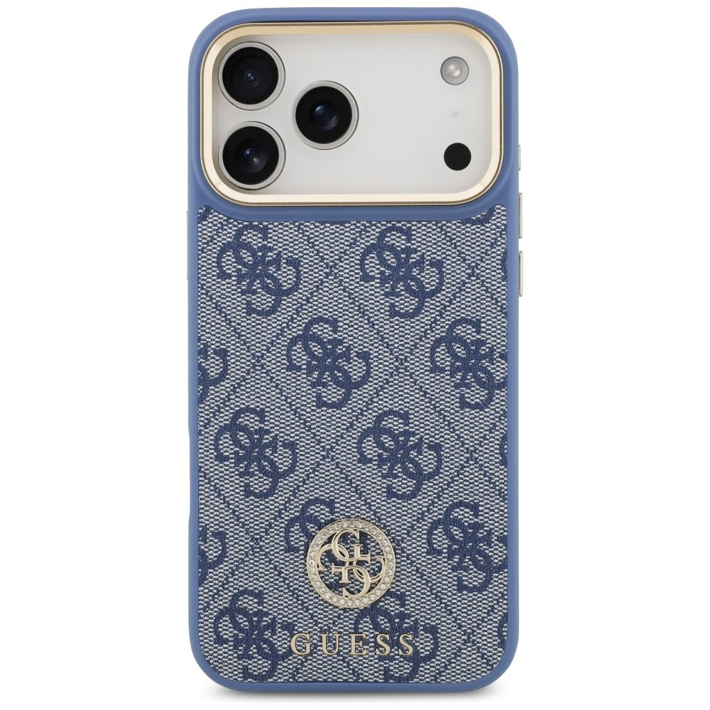 Guess 4G Strass Logo & Big Strap Metal Buttons MagSafe Case for iPhone 17 Pro Max - Blueeng