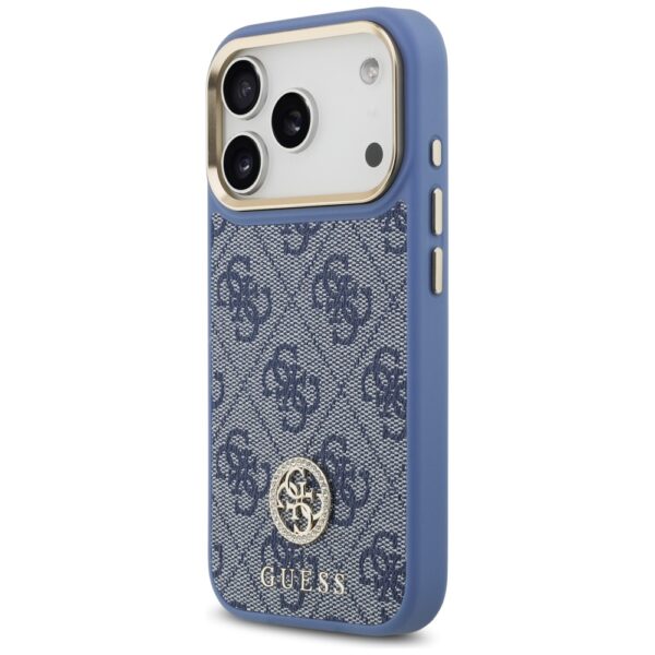 Guess 4G Strass Logo & Big Strap Metal Buttons MagSafe Case for iPhone 17 Pro - Blueeng
