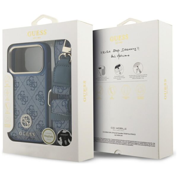 Guess 4G Strass Logo & Big Strap Metal Buttons MagSafe Case for iPhone 17 Pro - Blueeng