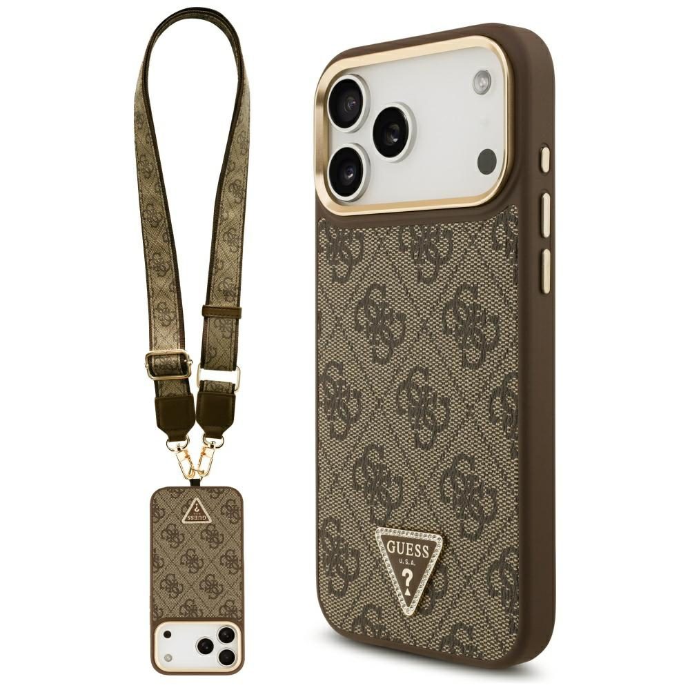 Guess 4G Triangle Logo & Big Strap Metal Buttons MagSafe Case for iPhone 17 Pro Max - Browneng