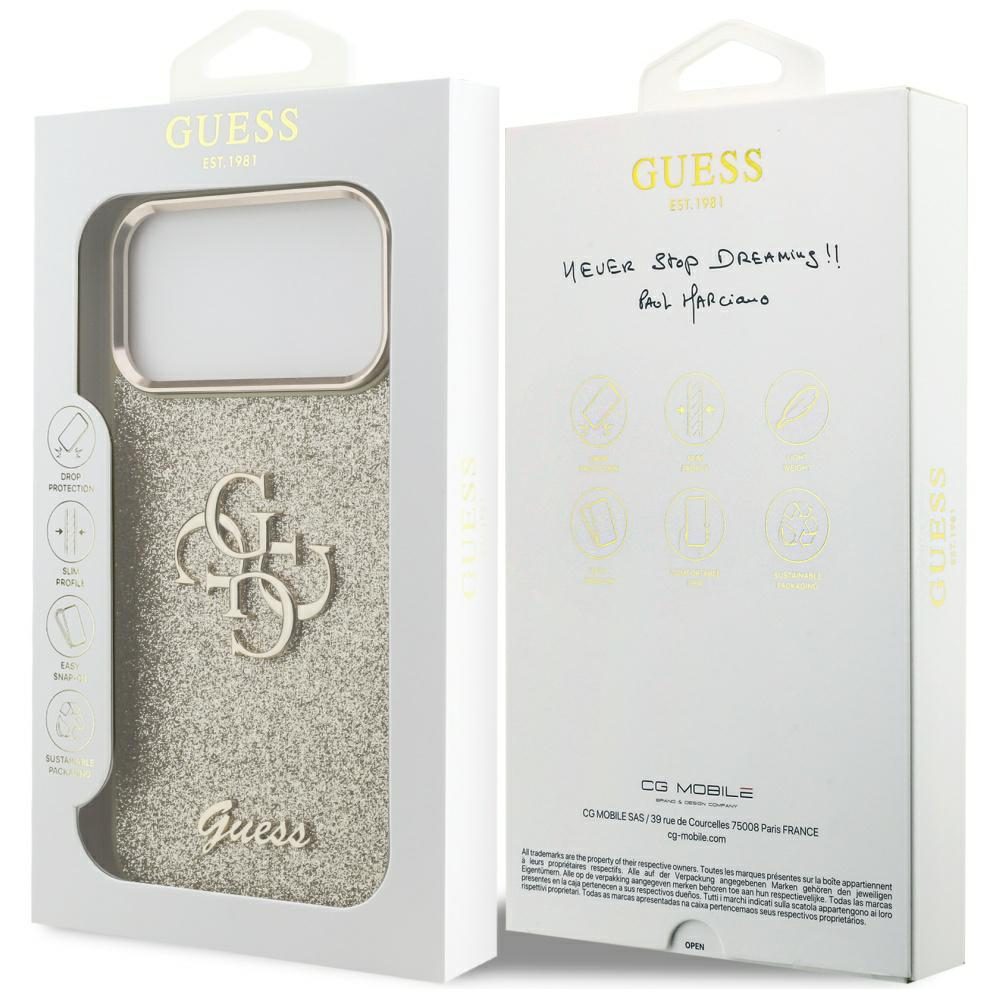 Guess Fixed Glitter Big 4G Metal Frame case for iPhone 17 Pro Max - goldeng