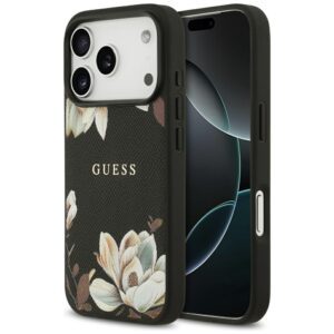 Guess Grained Flowers Classic Logo MagSafe case for iPhone 17 Pro - blackeng