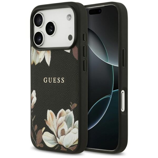 Guess Grained Flowers Classic Logo MagSafe case for iPhone 17 Pro - blackeng
