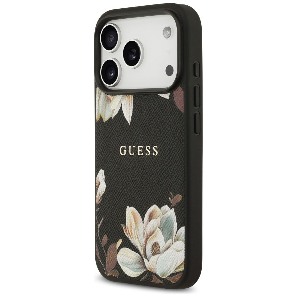 Guess Grained Flowers Classic Logo MagSafe case for iPhone 17 Pro - blackeng