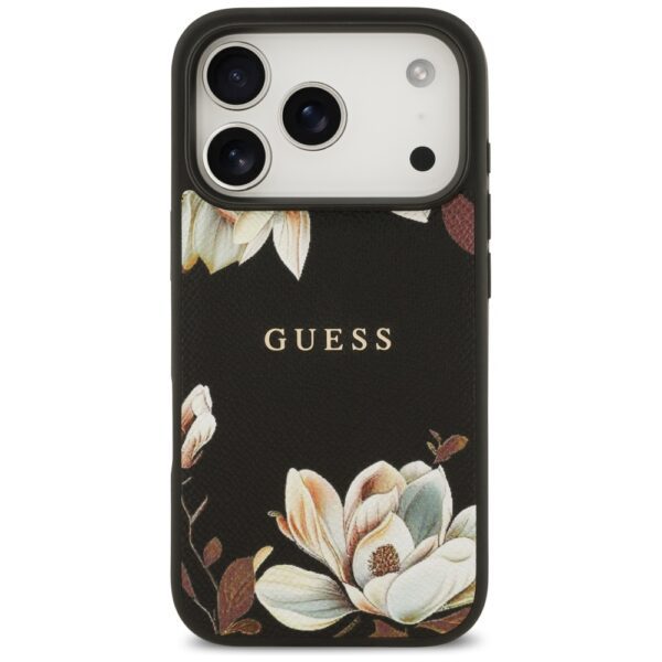 Guess Grained Flowers Classic Logo MagSafe case for iPhone 17 Pro - blackeng