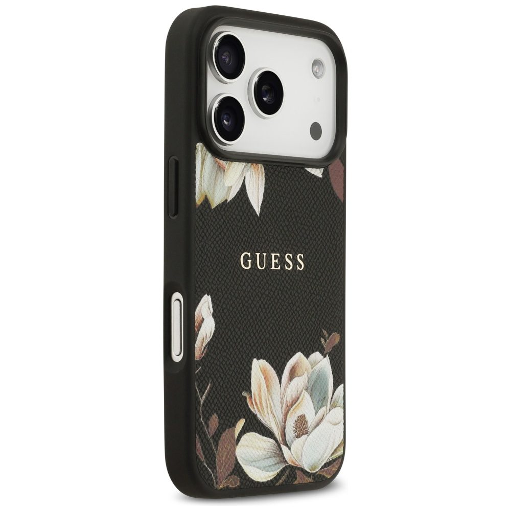 Guess Grained Flowers Classic Logo MagSafe case for iPhone 17 Pro - blackeng