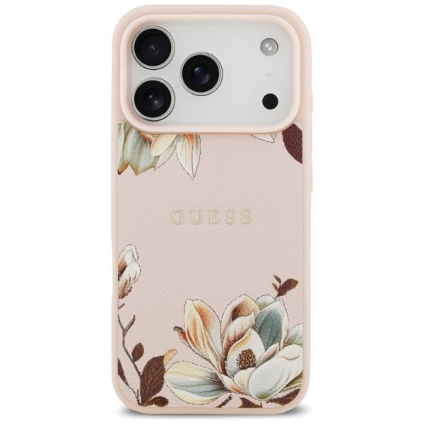 Guess Grained Flowers Classic Logo MagSafe case for iPhone 17 Pro Max - pinkeng