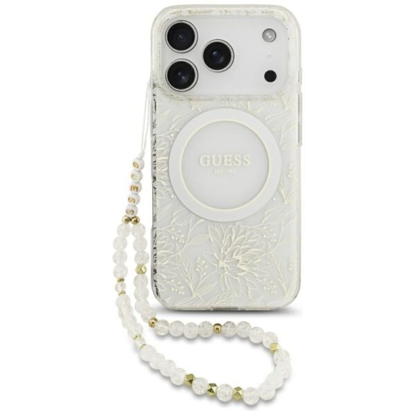 Guess IML Flowers Electro Pearl Strap MagSafe Case for iPhone 17 Pro - Whiteeng