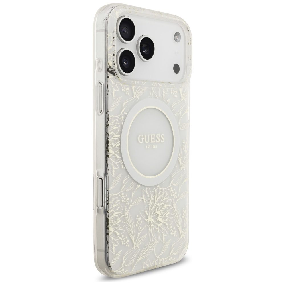 201183_4 Guess IML Flowers Electro Pearl Strap MagSafe Case for iPhone 17 Pro Max - Whiteeng