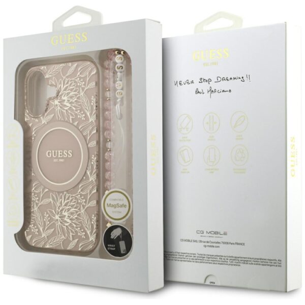 Guess IML Flowers Electro Pearl Strap MagSafe Case for iPhone 17 - Pinkeng