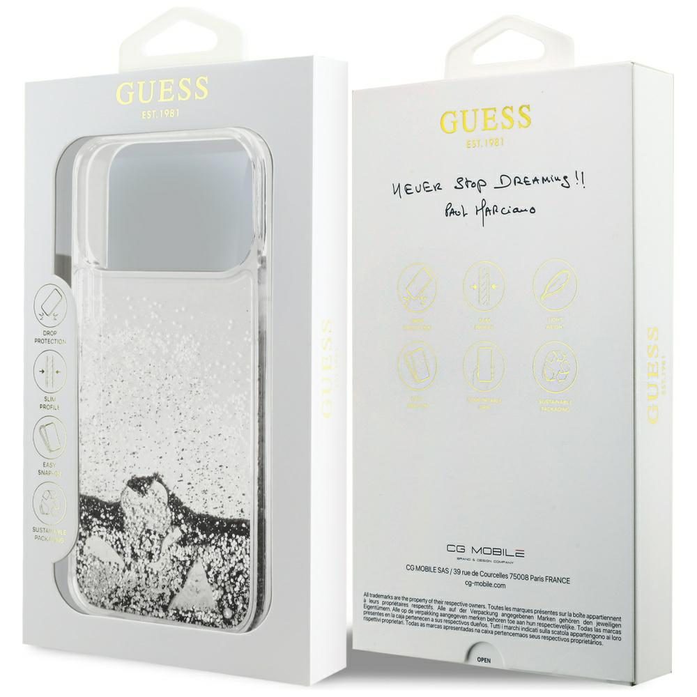 Guess Liq case. Glitter Charms for iPhone 17 Pro - silvereng