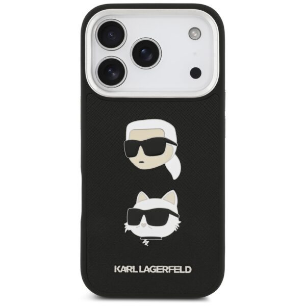 Karl Lagerfeld FW Grained Karl & Choupette Heads Pins & Logo iPhone 17 Pro Case - Blackeng