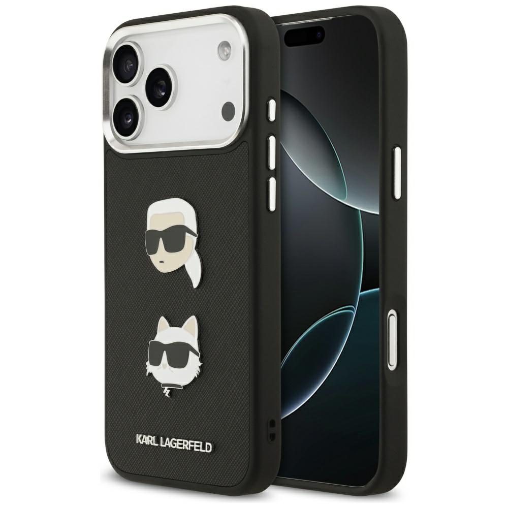 201243_1 Karl Lagerfeld FW Grained Karl & Choupette Heads Pins & Logo iPhone 17 Pro Max Case - Blackeng
