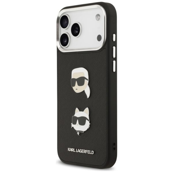 Karl Lagerfeld FW Grained Karl & Choupette Heads Pins & Logo iPhone 17 Pro Max Case - Blackeng