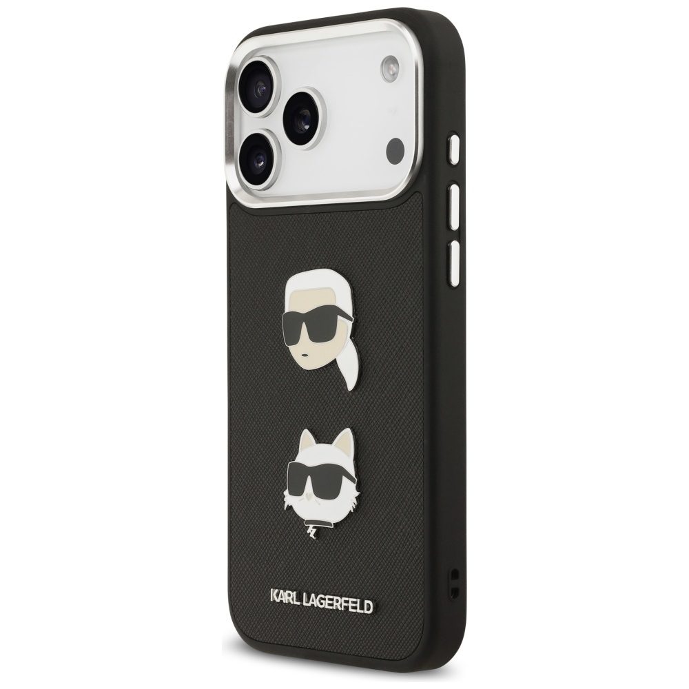 201243_2 Karl Lagerfeld FW Grained Karl & Choupette Heads Pins & Logo iPhone 17 Pro Max Case - Blackeng