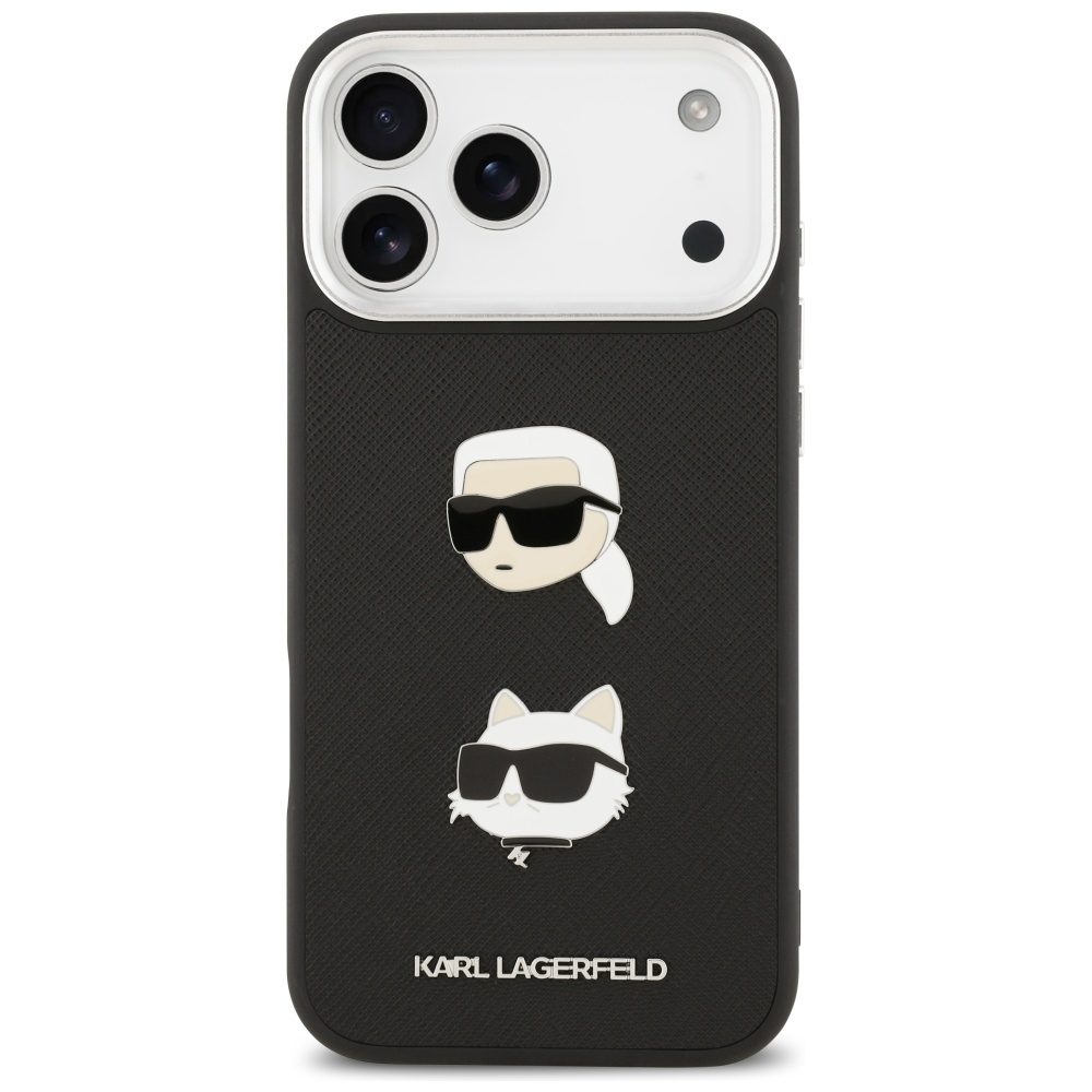 201243_3 Karl Lagerfeld FW Grained Karl & Choupette Heads Pins & Logo iPhone 17 Pro Max Case - Blackeng