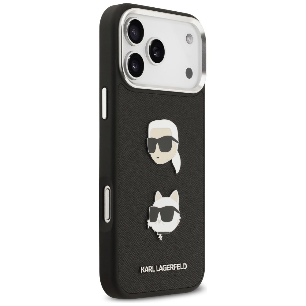 201243_4 Karl Lagerfeld FW Grained Karl & Choupette Heads Pins & Logo iPhone 17 Pro Max Case - Blackeng