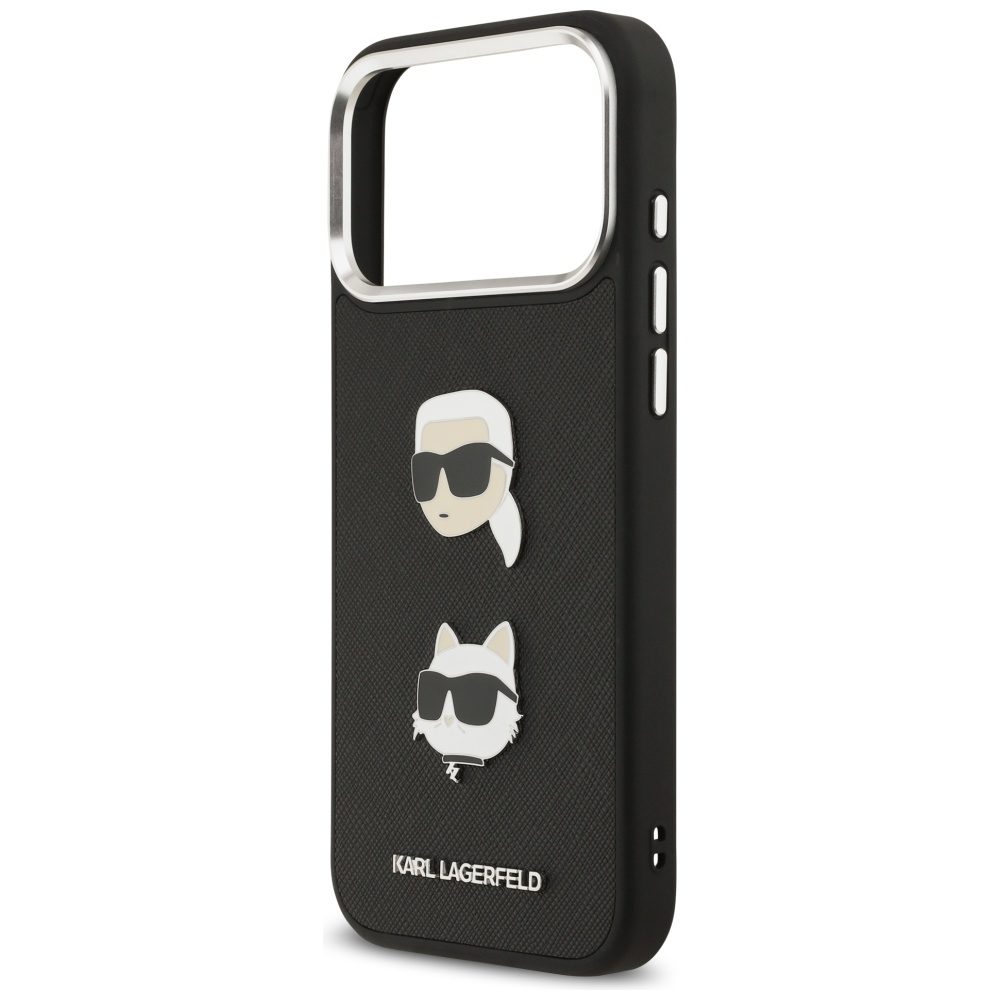 201243_6 Karl Lagerfeld FW Grained Karl & Choupette Heads Pins & Logo iPhone 17 Pro Max Case - Blackeng