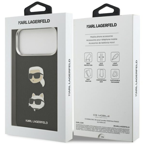 Karl Lagerfeld FW Grained Karl & Choupette Heads Pins & Logo iPhone 17 Pro Max Case - Blackeng