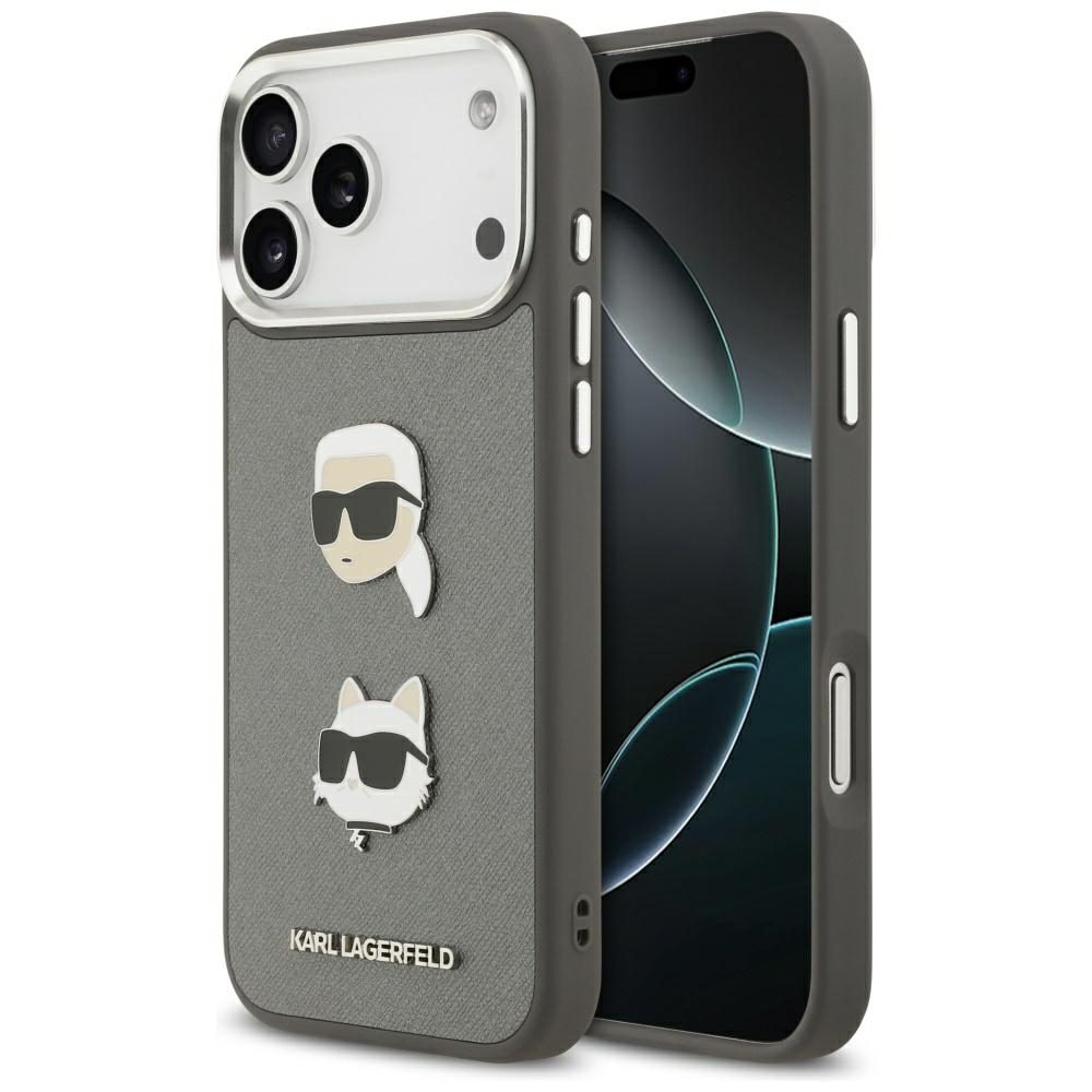 201244_1 Karl Lagerfeld FW Grained Karl & Choupette Heads Pins & Logo iPhone 17 Pro Max Case - Grayeng