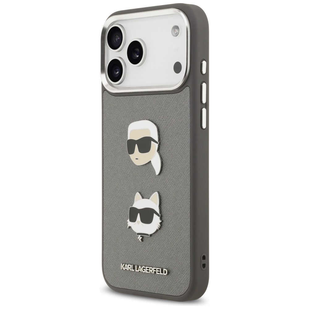 201244_2 Karl Lagerfeld FW Grained Karl & Choupette Heads Pins & Logo iPhone 17 Pro Max Case - Grayeng