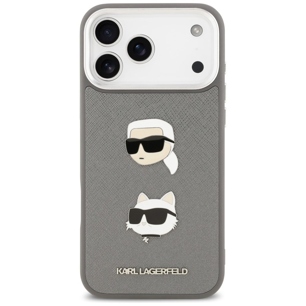 201244_3 Karl Lagerfeld FW Grained Karl & Choupette Heads Pins & Logo iPhone 17 Pro Max Case - Grayeng